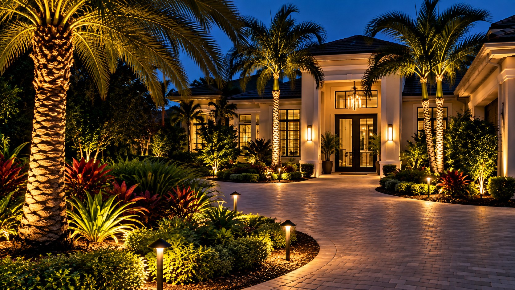 Luxury South Florida home with professional landscape lighting illuminating palms, landscaping and the entry